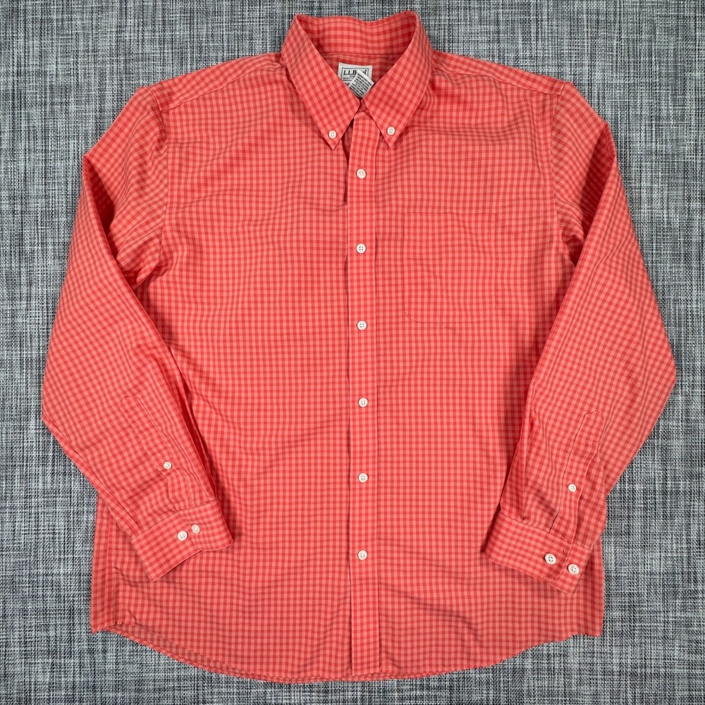 LL Bean Mens Large Shirt Red Gingham Cotton Traditional Fit Long Sleeve Pocket